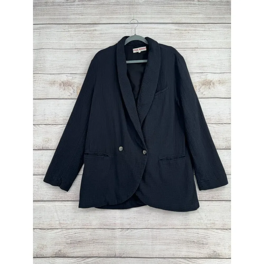 Free People Textured Double Breasted Blazer Womens Large‎ Black 2 Button Lined